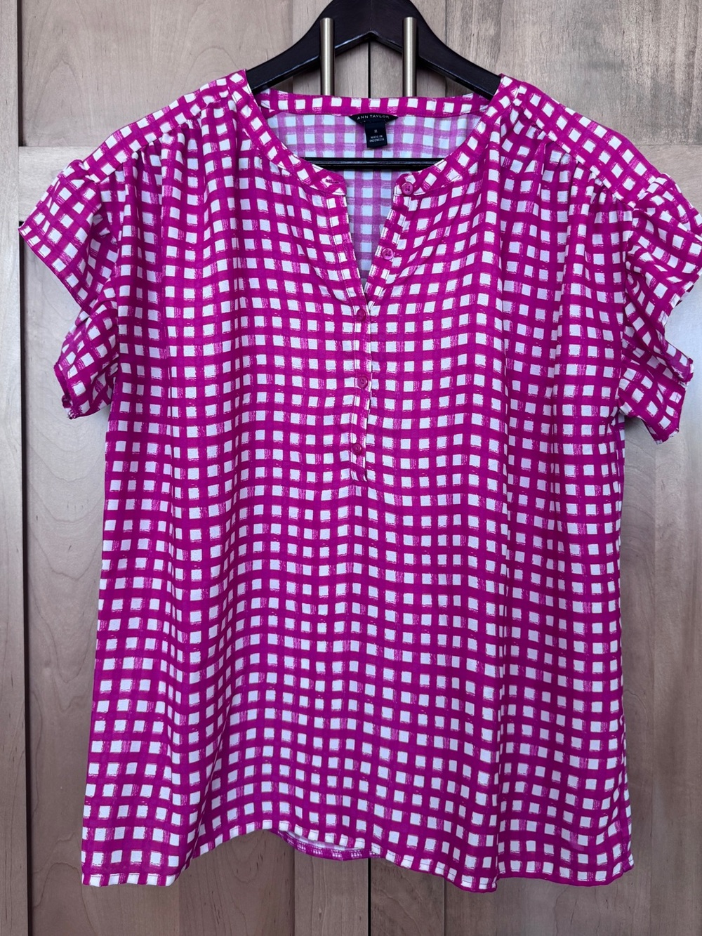 Ann Taylor Pink and White Checked Short Sleeve Henley Blouse